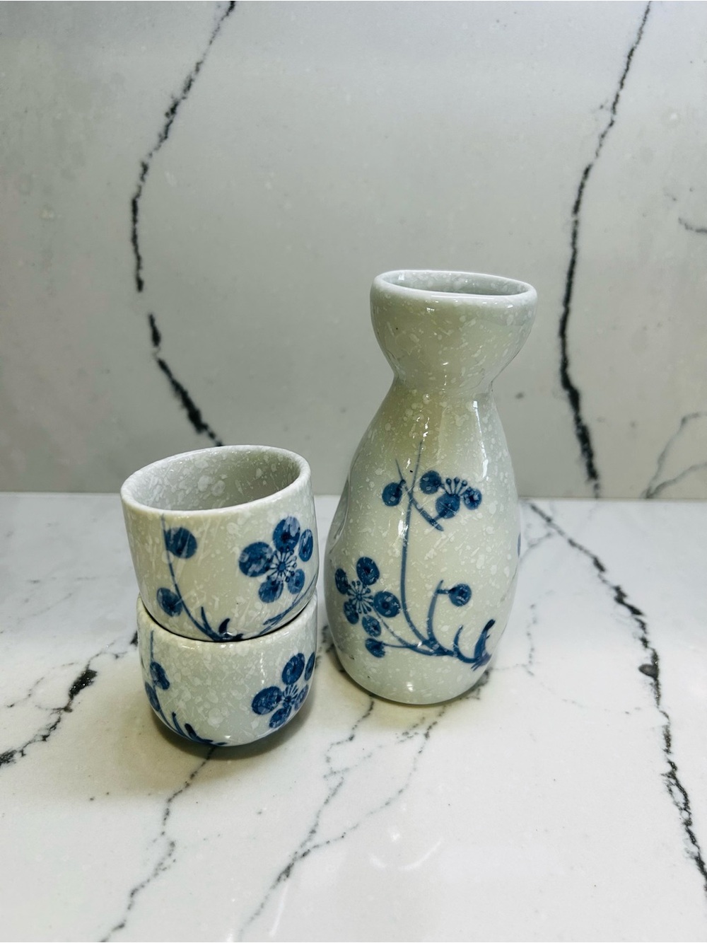 Blue Floral Ceramic Sake Set - 3 Piece